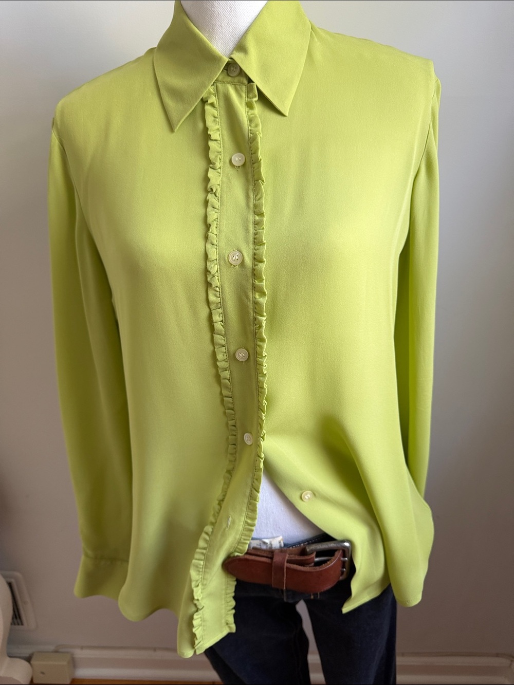 Alfani Lime Green Ruffle-Trim all silk Button Down Blouse size 8